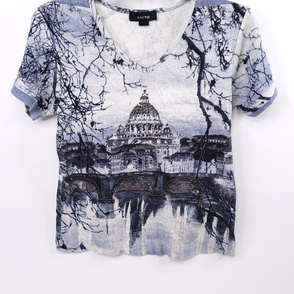Kaktus Shirt Womens Medium Beaded Short Sleeve St Peter's Basilica Stretch Top - Picture 6 of 9